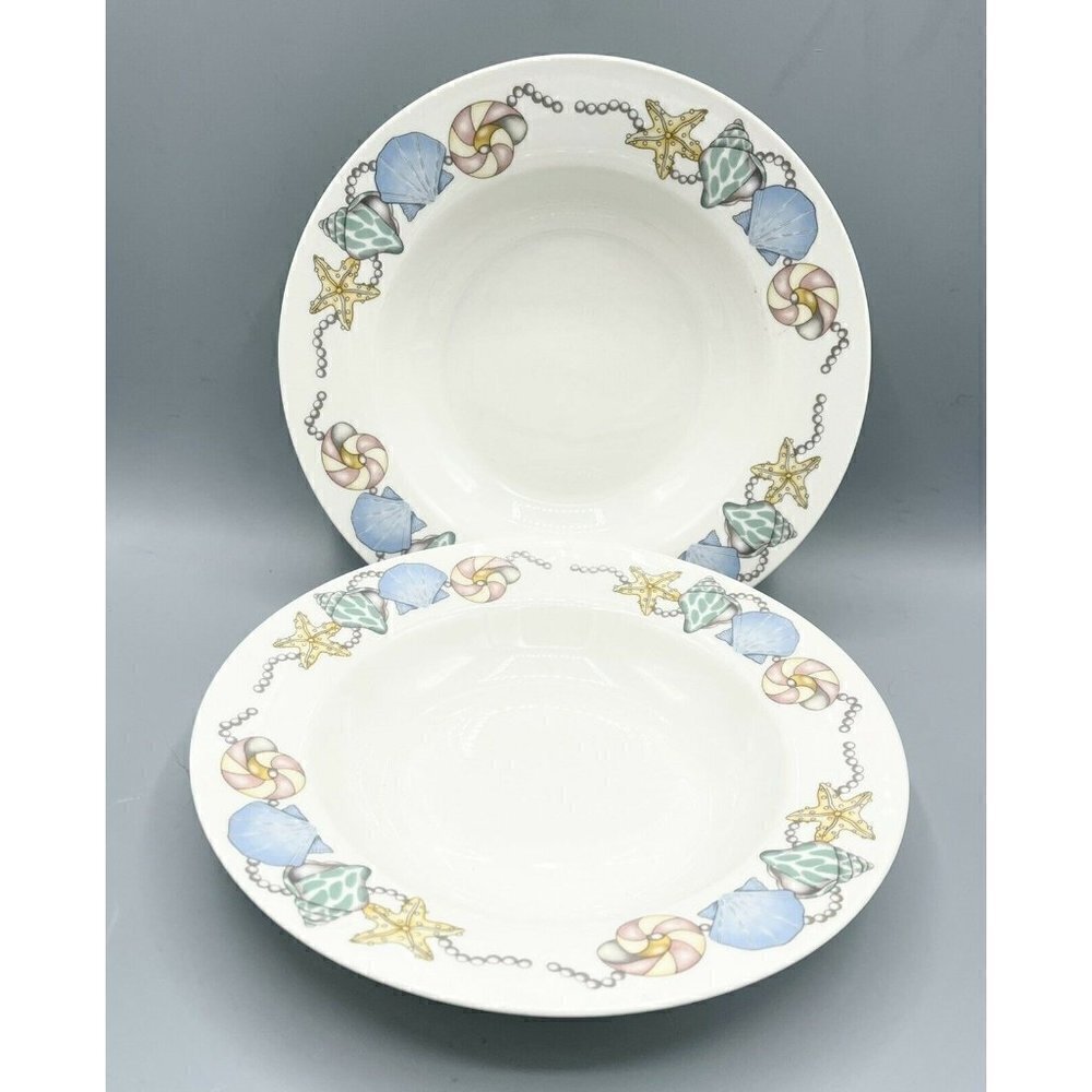 Pair American Atelier Sea Shell 5140 Soup Bowls 8.75” Pasta Nautical Stoneware